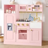 inFUNSAME Kids Wooden Play Kitchen for Girls Pretend Toy Kitchen Playset with Real Lights and Sounds and 14 Pcs Fun Accessories, Toddler Pink Play Kitchen Set for Ages 3+