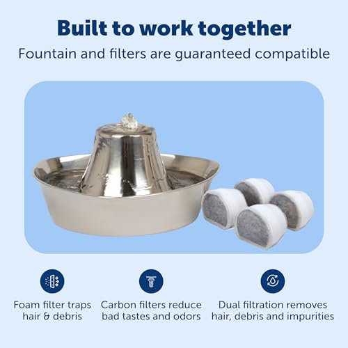 Image of Seaside Stainless Cat & Dog Fountain with 4-Pack of Carbon Filters | 60 Oz Capacity with Extra Carbon Filters, Triple-Filter Operation, 360-Degree Flow, Rust-Resistant Stainless Steel