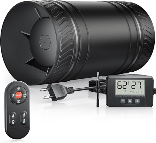 MOCINE Ventilador en línea Ø100 mm con 6 velocidades, sensor de temperatura y humedad, mando a distancia, encendido y apagado automático, funcionamiento silencioso, ideal para sótanos