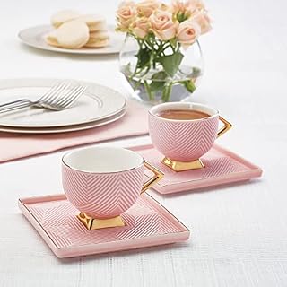 Karaca Art Deco Pink 4-Piece Mocha Cups-Espresso Cups Set for 2 People, Coffee Cups Set, Saucer, Robust Mocha Cup, Thick Drinking Rim, Porcelain Espresso Set