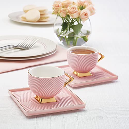 Karaca Art Deco Rosa 4 Teiliges Für 2 Personen Mochatassen-Espressotassen Set Kaffeetassen Set Untertasse, Robuste Mokkatasse, Dicker Trinkrand, Porzellan Espresso Set