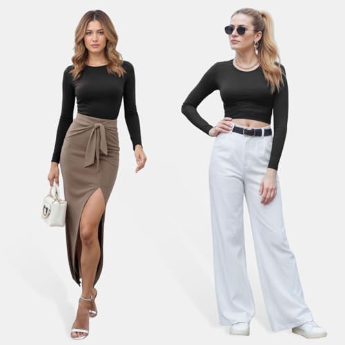 TNNZEET Women's Long Sleeve Crew Neck Slim Fit Shirts - Stretchy Basic Tee Tops for Workout Going Out Y2K Fall Fashion 2025