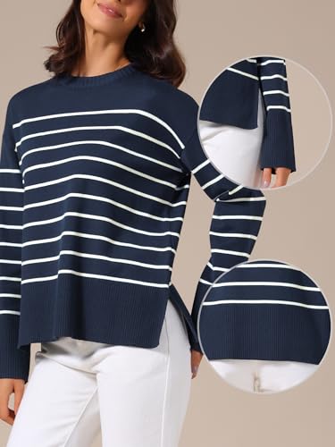 Allegra K Sweater for Women's 2025 Fall Winter Outfits Crewneck Side Slit Knit Pullover Tops2