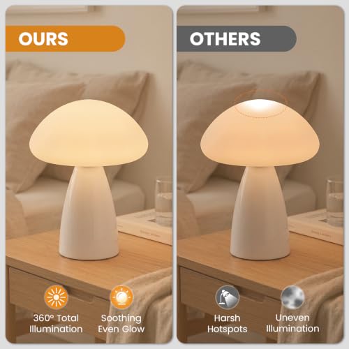 Myrauv Mushroom Lamp, 3 Color Modes Stepless Dimmable Table Lamp, Retro Ceramic Base Bedside Lamp, Decorative Lamp for Bedroom, Nursery, Nightstand (White) - image 5