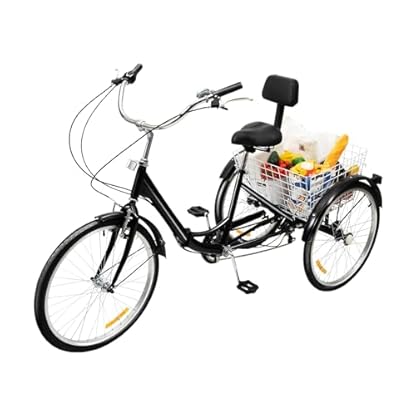 24 Zoll 7-Gang Dreirad, Zusammenklappb Schwarz 3-Rad-Cruiser Doppelbremsen mit Rückenlehne Sitz und Korb für Männer, Frauen, ältere Menschen und Erwachsene