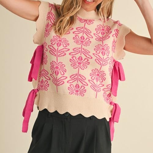Image of Women Side Tie Sweater Vest Scallop Trim Mock Neck Knit Vest Bow Lace Up Ribbon Sweater Tank Top Knitwear