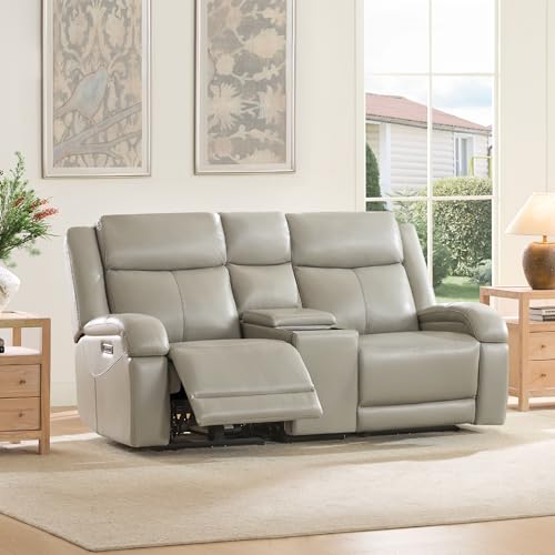 Watson & Whitely Genuine Leather Power Loveseat Recliner Sofa, Wall Hugger Loveseat Reclining Sofa with Storage Console, Power Headrest, Cup Holders, Dual Recliners for Living Room, RV, Grey