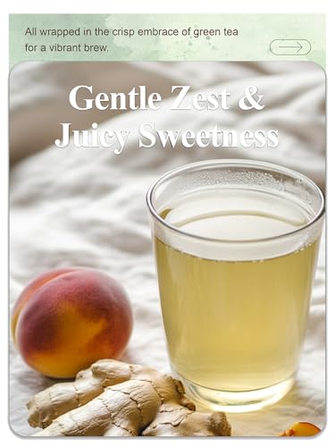 Image of LOOMICA Ginger Peach Green Tea, Caffeinated, Pastoral & Spicy Soothing Blend with Green Tea, Ginger, and Juicy Peach Flavor, Individually Wrapped Bags, 20 Counts
