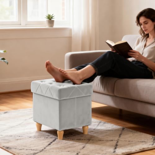 Image of CAROLMADE Folding Storage Ottoman Cube Velvet Footstool with Wood Legs Ottoman Footrest for Living Room and Bedroom, Grey 15 inchx12.6 inchx15.4 inch