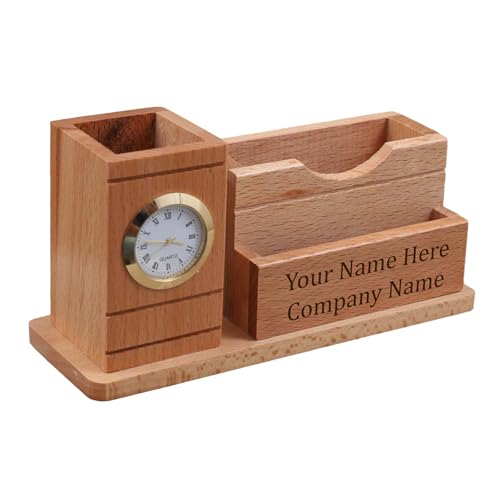 Image of Deskart Customized Multipurpose Pen Holder Stand | Premium Wooden Desk Organizer with Clock, Business Visiting Card and Mobile Holder