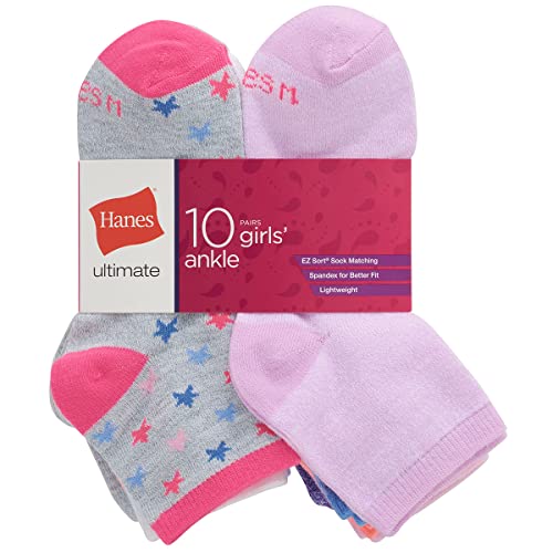 Hanes Girls' Ultimate Ankle Socks, 10 Pack Assorted Colors M