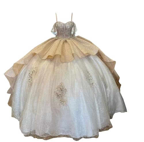 Boho Cold Shoulder Glitter Gold Fabric Flower Patterns Ball Gown Prom Quince Dresses Asymmetical Puffy Skirt 2025