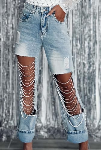 CHARTOU Women Ripped Jeans Straight Leg Denim Pants Cut Out Distressed Chain Rhinestone Jeans with Holes Y2k2