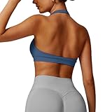 JN JANPRINT Workout Sports Bras for Women Halter Neck Impact Bra Padded Open Back Seamless Bralette Gym Bra Yoga Crop Top Blue Grey