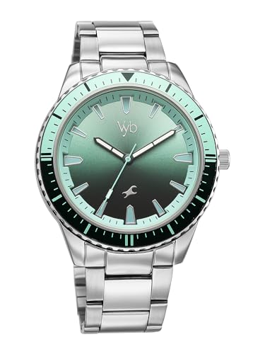 Image of Fastrack Vyb Hustler with Quartz Analog Green Dial Steel Strap Watch for Men - FV30050KM01