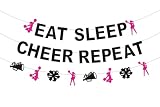 Sursurprise Eat Sleep Cheer Repeat Glitter Banner Set, Cheerleading Party Decorations, Hot Pink and Black Cheer Party Decor for Cheerleader Birthday, Gym, Team Night, Practice