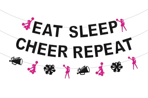 Sursurprise Eat Sleep Cheer Repeat Glitter Banner Set, Cheerleading Party Decorations, Hot Pink and Black Cheer Party Decor for Cheerleader Birthday, Gym, Team Night, Practice