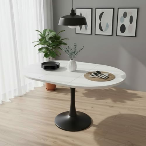 Exteble - Mesa de comedor redonda para 4 y 6 personas, plegable, mesa de cocina, sala de estar, mesa de ocio, diseño blanco y negro, 100 cm, 140 x 100 x 75 cm