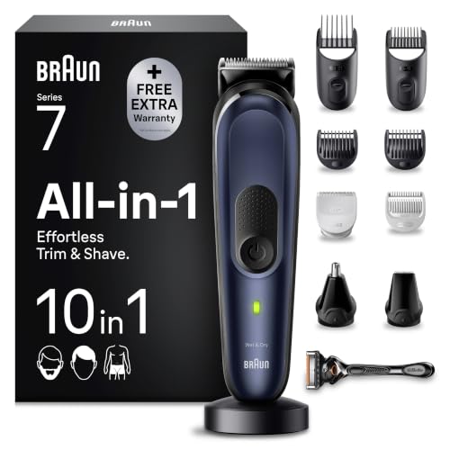 Braun REGOLABARBA STYLING KIT, Tagliacapelli Uomo, Rasoio Elettrico Barba e Capelli, 10-in-1 per Barba, Capelli, Corpo, Naso e Orecchie, 100 Minuti Di Utilizzo, Idea Regalo, MGK7410 Blue