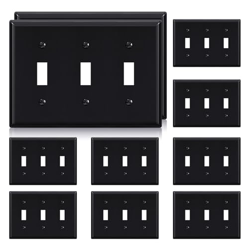 AIDA 3-Gang Standard Toggle Light Switch Cover Plate, Glossy Black, 10-Pack Unbreakable Thermoplastic Switch Covers Wall Plate, UL Listed, 4.53"H x 6.39"L