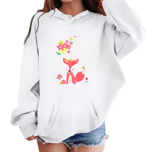 Vuncio Sweatshirt Hoodie Kids Girls Fox Print Cute Fashion Graphic Tops Pullover Hoody Teenage Girls Long Sleeve Winter Loose Comfy School Casual Sports T Shirt Age 3-12 Years (White, 11-12 Years)