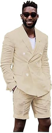 Mens Summer Linen Slim Fit Beach Suit 2 Pieces Breathable Blazer Shorts Suits