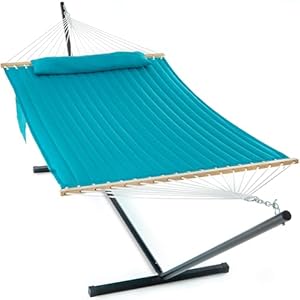 2 Person Hammock with Stand for Outside, 12ft Heavy Duty Steel Stand, Double Quilted Hammocks, Extra Large Removable Pillow, Side Pockets, Outdoor & Indoor, Max 475 lbs Capacity (Aqua)