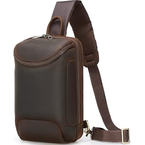 Full Grain Leather Sling Bag for Men Small Tablet Backpack Fits 10 Inch Tablet Mini Hiking Crossbody Shoulder Chest Bags, Without Lock, S, Sling Backpacks Cover