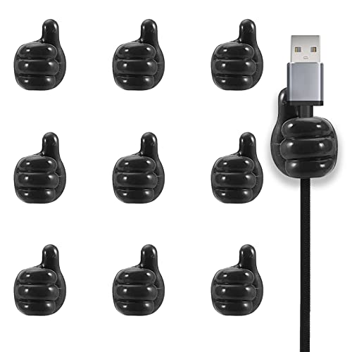 ERBO 10 Stück Wandhaken Set, Kabelhalter Selbstklebend, Handgestenhaken, Tür Haken Mini Thumb Hooks, Kabelclips Halterungen, Kabel Organizer für Ladekabeln Schreibtisch Audiokabel Netzkabel, Schwarz Cover