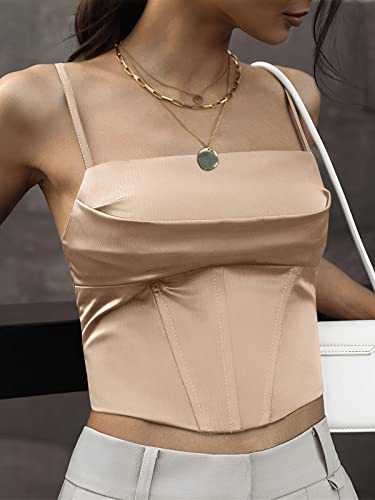 Vnira Women's Corset Top Sexy Y2K Crop Tops Going Out Sleeveless Bustier Satin Lace Up Zip Spaghetti Strap Tank Tops Khaki S #TOP1