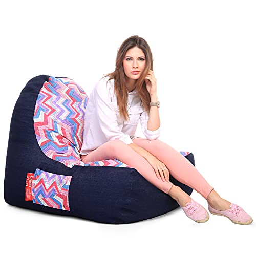Image of Style Homez Urban Design Denim Canvas Geometric Printed Chair Bean Bag XXL Size Filled with Beans Fillers