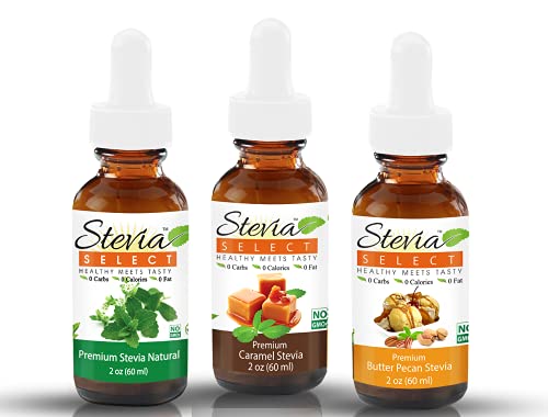 Stevia Drops Natural Liquid, Caramel, & Butter Pecan Stevia Select Keto Coffee Sugar-Free Stevia Flavors Bundle (3) Pack #TOP26