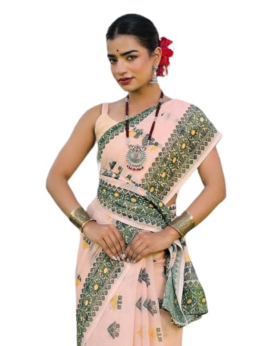 Image of SIRIL Women's Cotton Linen Mekhela Chador Printed Saree with Unstitched Blouse Piece