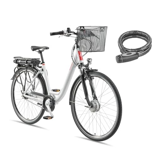 Telefunken E-Bike 28 Zoll Elektrofahrrad Alu mit 7-Gang Shimano Nabenschaltung, Pedelec Citybike mit Fahrradkorb, 250W und 13Ah, 36V Lithium-Ionen-Akku, RC657 Multitalent weiß + ‎Sekura Fahrradschloss
