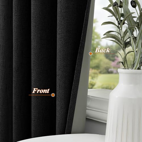 Image of 100% Blackout Linen Textured Curtains for Bedroom Full Light Blocking Room Darkening Bronze Grommet Window Drapes Thermal Insulated Energy Efficient Home Decor 52x84 Black (2 Panels)