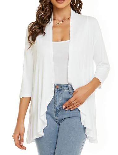 YnimioAOX Women's Cardigan Lightweight Open Front 3/4 Sleeves Draped Ruffles Knit Cardigan Sweaters2