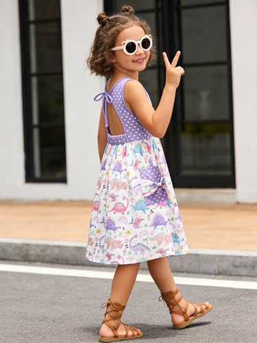 Vieille 4T Dresses for Girls Dinosaur Sundress Size 5 Hollow Tie Back Playwear Dresses with Pockets — view 4