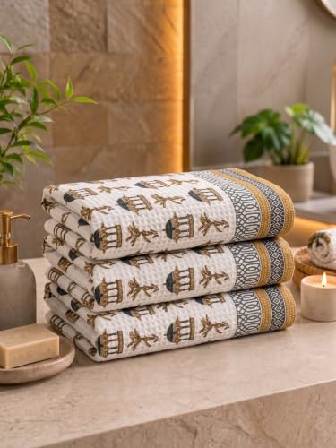 Image of Mafatlal Madhuban 250 GSM Waffle Cotton Bath Towels Pack of 3 | 147 x 76 cm | Fast Dry, Lightweight | Floral Design | Navy Blue