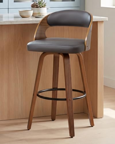 Image of AQG Swivel Bar stools Set of 2 Bar Chairs 26 inch Counter Height Mid-Century Modern Bentwood Barstool PU Leather Upholstered Bar Chair with Back and Footrest, for Bar, Cafe, Dining, Kitchen Island, Brown