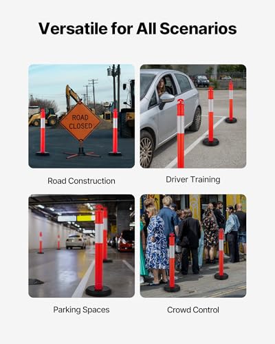 VEVOR 6 Pack Traffic Delineator Posts, 1140 mm Traffic Safety Cones with Fillable Base and Reflective Strips, Heavy Duty Delineator Posts for Construction Site, Parking Lot, Crowd Control, Red