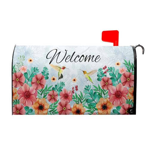 Image of Spring Summer Hummingbirds Magnetic Mailbox Covers Summer Blooming Flowers Welcome Mailbox Wraps Standard Size 21 inch x 18 inch inch Spring Decor Post Letter Box for Home Garden Yard