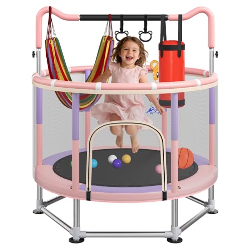 55 Kids Trampoline with Safety Net Full Wrap-Around Double Ring Legs 440 lbs Toddler Trampoline with Adjustable Gymnastics Bar & Play Accessories Indoor Outdoor Trampoline for Kids Ages 18 Pink