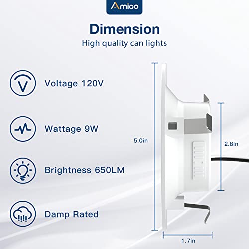 Amico 4 Inch 5Cct Led Recessed Lighting 1 Pack, Dimmable, Damp Rated, 9W=60W, 650Lm Can Lights With Baffle Trim, 2700K/3000K/4000K/5000K/6000K Selectable, Retrofit Installation - Etl & Fcc Certified #TOP4