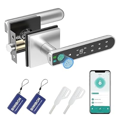 BIWIBON Fingerprint Door Lock, 5 in 1 Finger Print Door Knob with Smart APP/Fingerprint/IC Cards/Password/Backup Keys, Smart Door Knob with Keypad for Bedroom, Office, Apartment, Square Silver