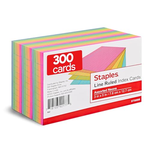 Staples Index Cards, 3" x 5", Lined, Neon Assorted Colors, 300 Pack – Bright Ruled Cards for Studying, Notes & Projects