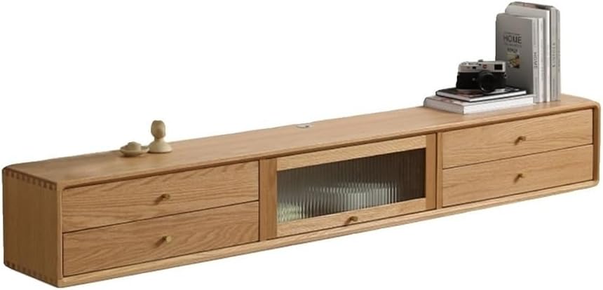 Floating TV Unit ﻿Wall-mounted Floating TV Stand, Oak Floating TV Unit, Double Tier Drawer and Flip-down Glass Door, Modern Media Console Under TVs, Space Saving Floating TV Stand Cabinet(1600x250x250