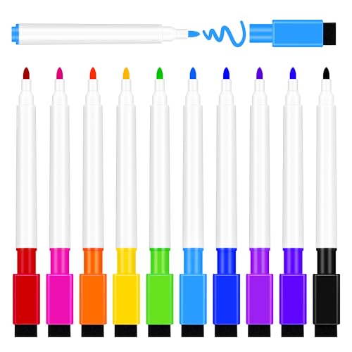 YUNAI Whiteboard Marker Pens with 10 Assorted Colours, 10 PCS Dry Wipe Fine Tip Marker Pens for Whiteboard, Thin Bullet Tip Whiteboard Pens with Eraser, Office Classroom Teacher Family Supplies