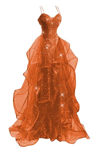 WilFiks Spaghetti Straps Sequin Prom Dresses for Women 2026 Sparkly Ruffled Tiered Tulle Long Burnt...