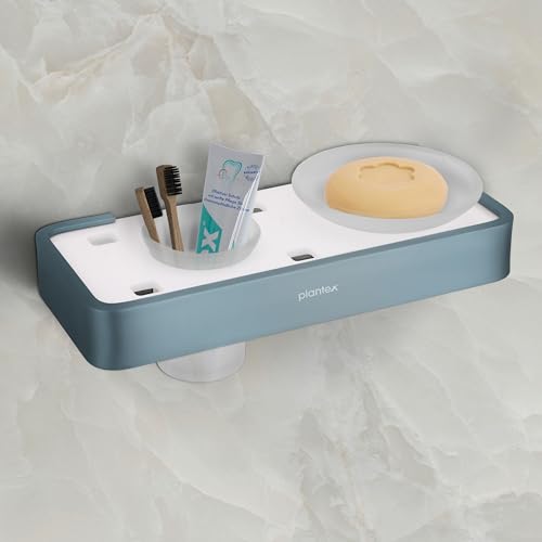 Image of Plantex Aluminium and Acrylic Soap Holder with Tumbler Holder /Soap Dish with Toothbrush Holder for Bathroom - (Grey and Milky White)