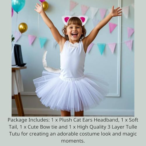 Kirei Sui Kids Animal White Cat Ears Headband Bowtie Tail & Tutu Costume Girls Halloween 4-Piece Dress Up Set — view 6